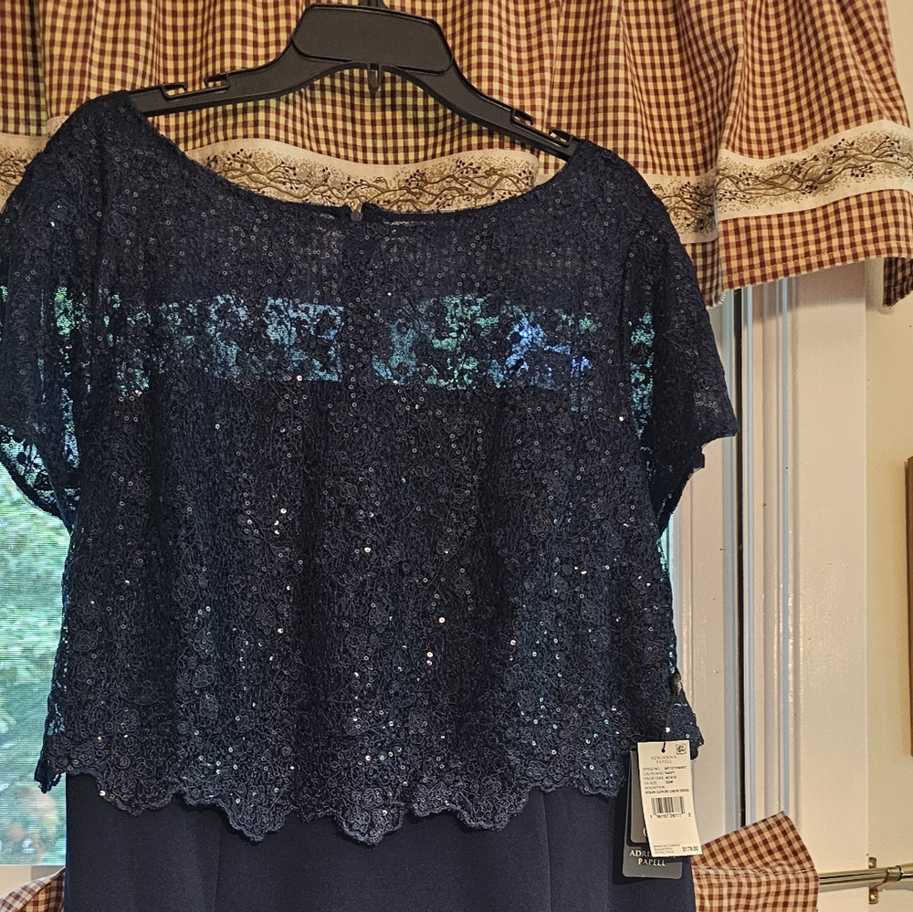 Adrianna Papell Navy Blue Sheath Midi Dress with Flutter Sleeves